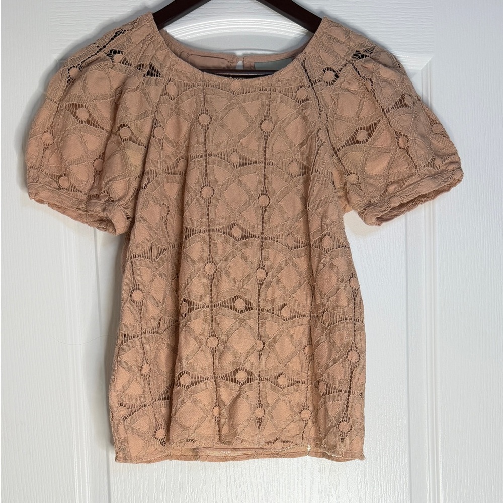 Anthropologie Maeve Soft Blush Lace Puff-Sleeve Blouse, Small